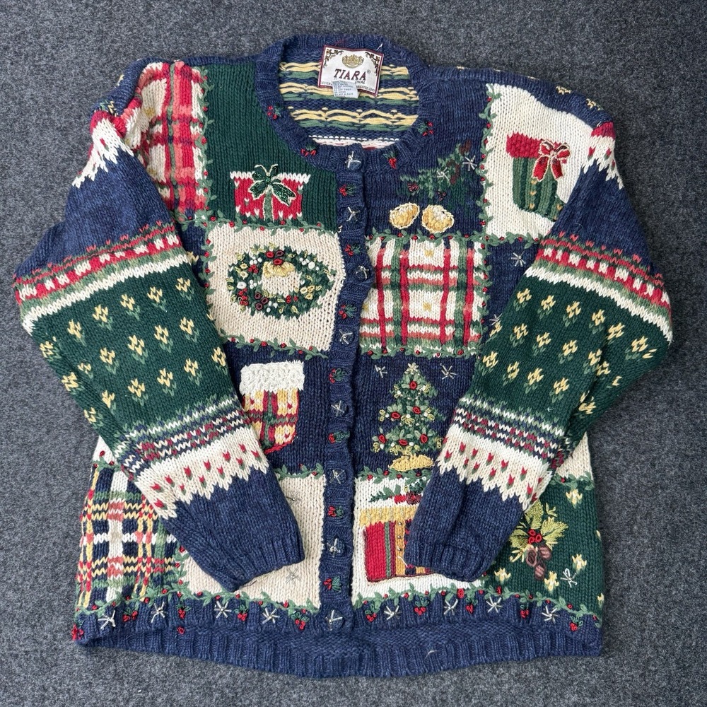 Tiara International Vintage Christmas Cardigan Women L Patchwork Embroidered
